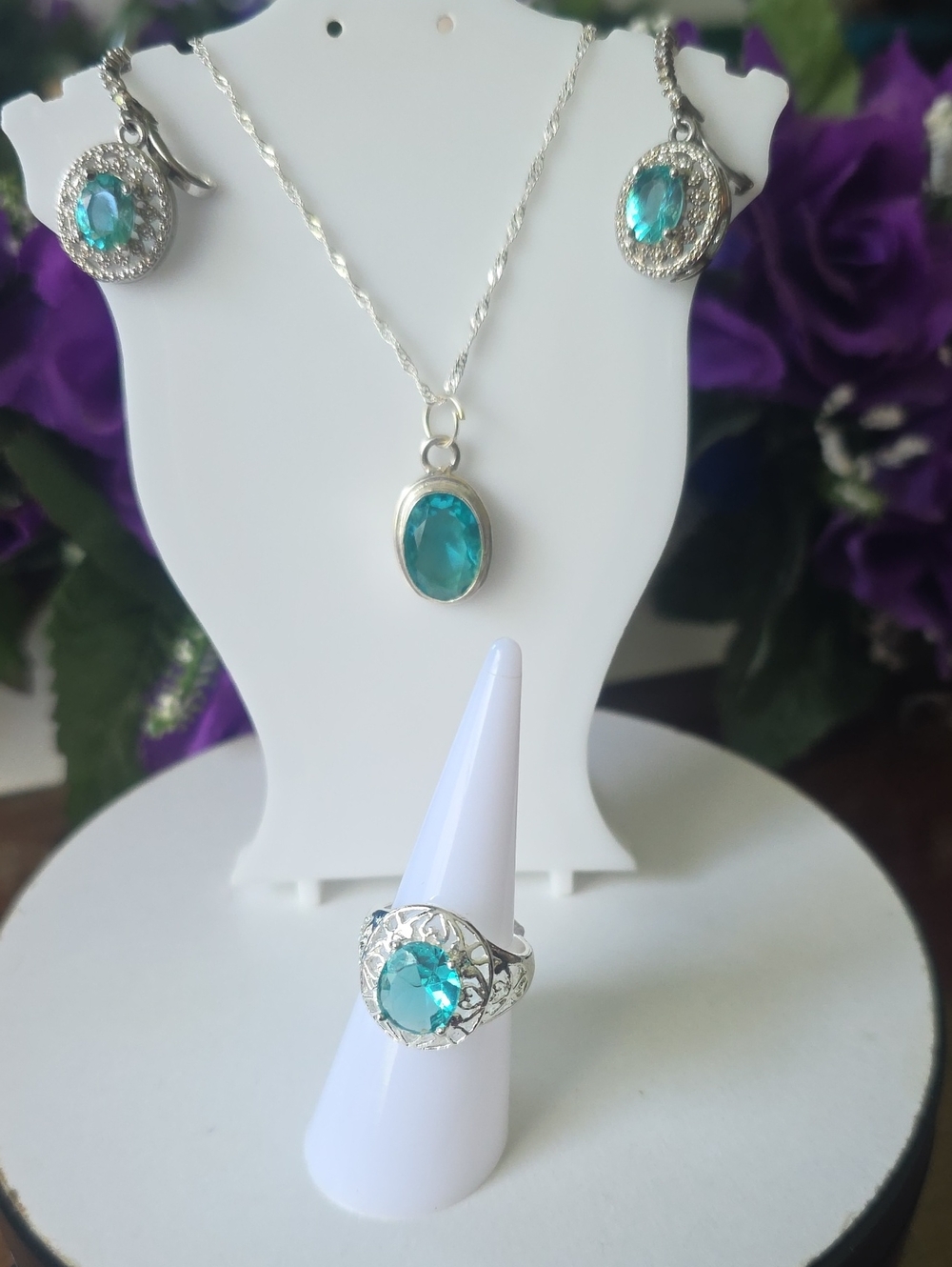 (NWT) Sky Blue Aquamarine 925 Silver Crystal CZ Jewelry Set
